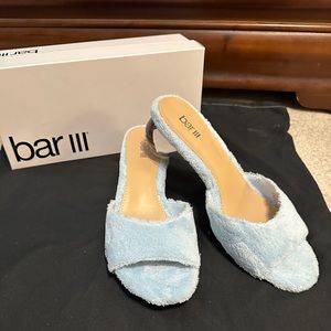 bar III blue terry slide sandals with spherical shaped heel. 2” heel.